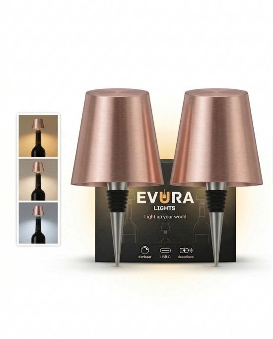 oplaadbare flessenlamp - set van 2 - dimbaar - 3 lichtkleuren - draadloos - Evura Goods