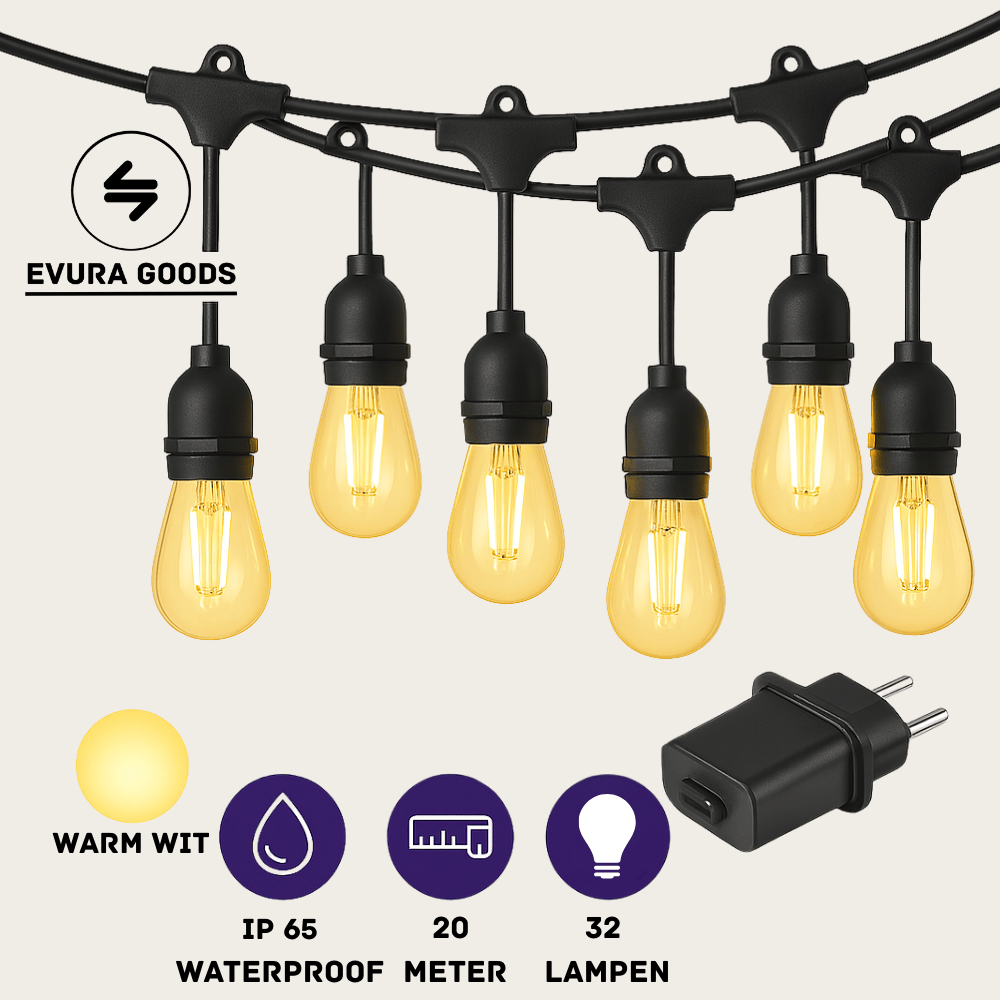Evura lichtsnoer voor buiten van 20 meter met 32 warm witte LED lampen, IP65 waterdicht. Ideaal voor tuin, terras of feestelijke verlichting.