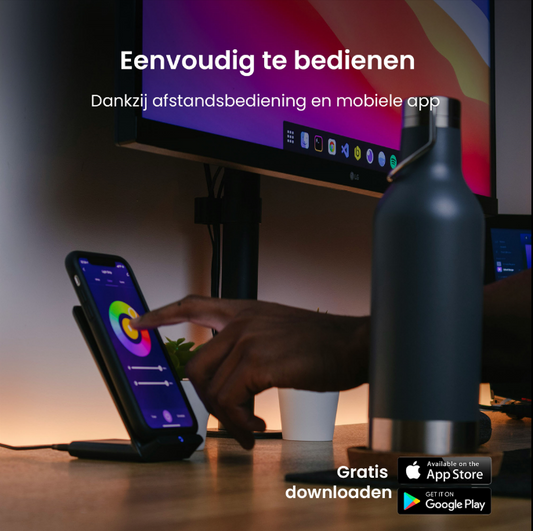 Evura RGB LED strip eenvoudig te bedienen met mobiele app of afstandsbediening. Verander kleuren, helderheid en timer met één klik.