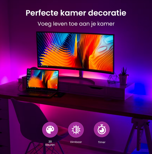 Evura RGB LED strip als perfecte kamer decoratie bij een moderne gaming setup. Dimbaar, met 20 kleuren en timerfunctie voor elke sfeer.