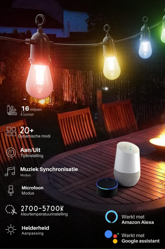 Evura RGB lichtsnoer buiten boven tuintafel met smart bediening – ondersteunt 16 miljoen kleuren, muzieksynchronisatie en spraakbesturing via Alexa en Google Assistant.