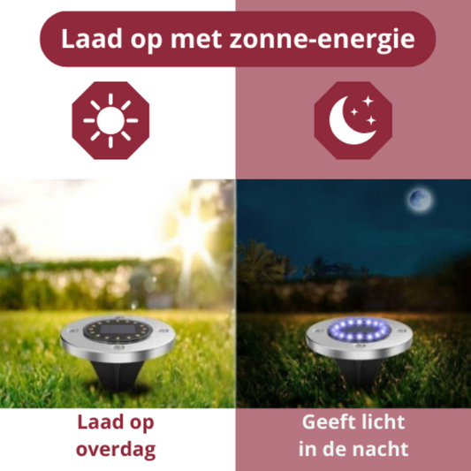 Evura solar grondspots laden overdag op met zonne-energie en gaan automatisch aan in het donker. Energiezuinige tuinverlichting zonder bedrading.
