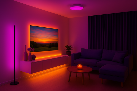 woonkamer met roze led verlichting