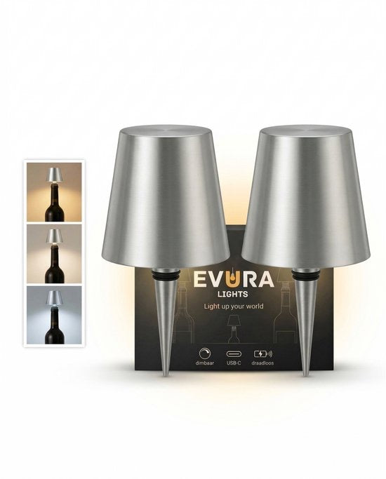 oplaadbare flessenlamp - set van 2 - dimbaar - 3 lichtkleuren - draadloos - Evura Goods
