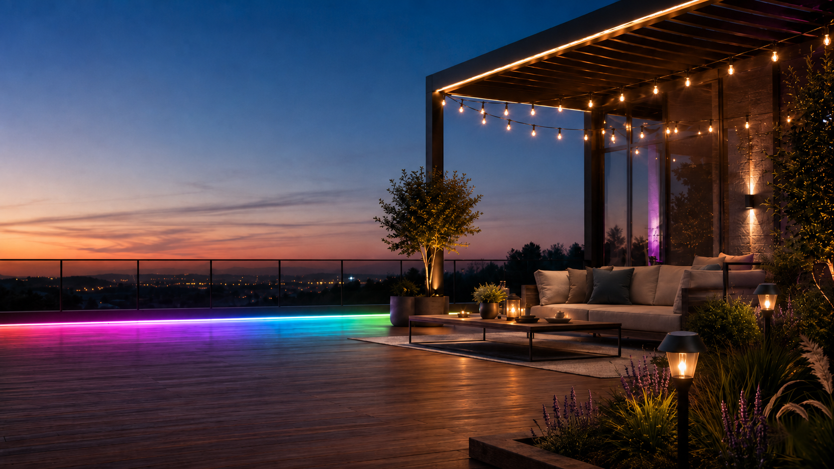 Sfeervolle buitenverlichting met lichtsnoeren LED strips en solar tuinlampen