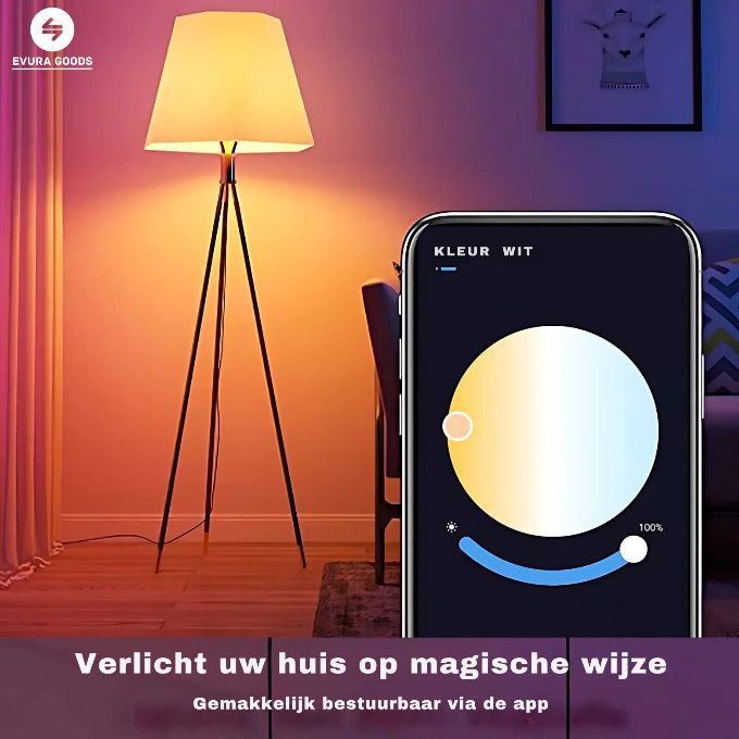 Slimme E27 LED-lamp 9W met RGB en warm wit licht, dimbaar via WiFi, geschikt voor app- en spraakbediening