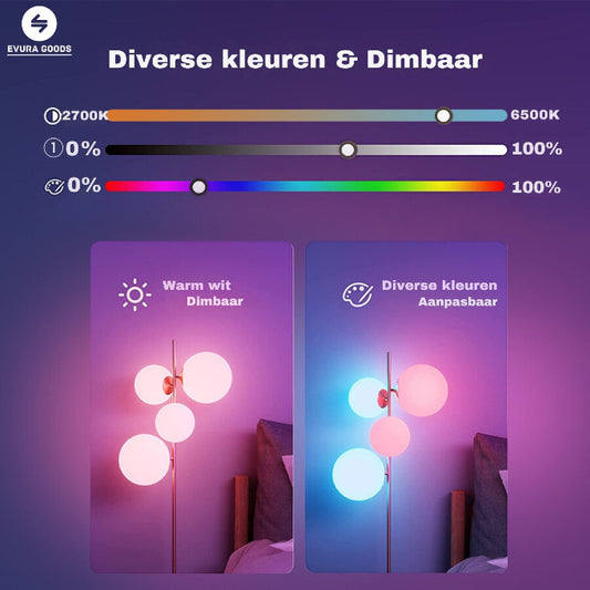 Slimme E27 LEDlamp toont RGB & warm wit licht in gebruik. De 9W is geïnstalleerd in wandlamp.