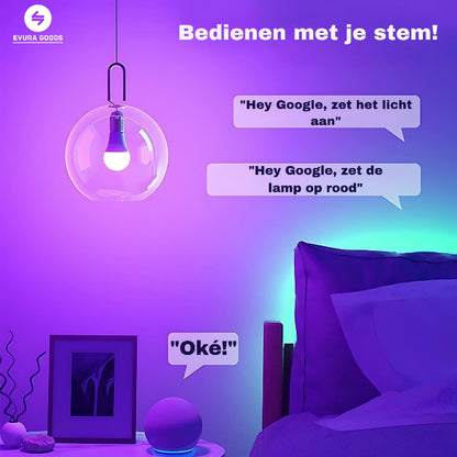 E27 slimme LEDlamp 9W in slaapkamer, RGB en warm wit licht, dimbaar via WiFi met app- of spraakbediening