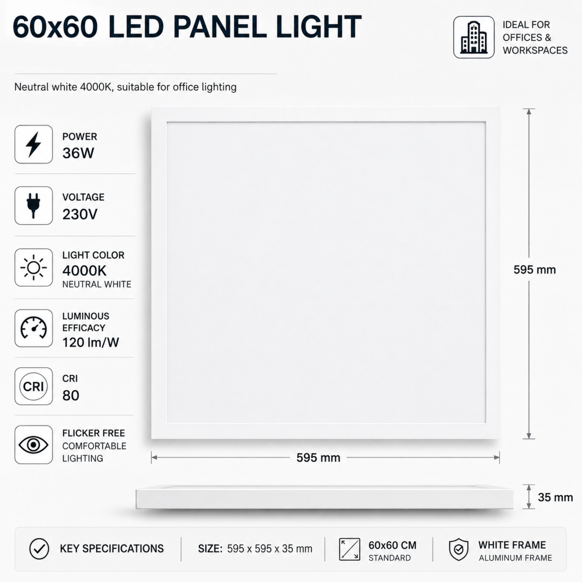Evura LED Paneel - 60 x 60 cm - 4000K - 36W - Wit Frame - Evura Goods