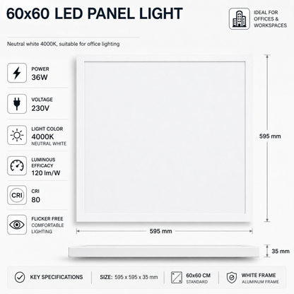 Evura LED Paneel - 60 x 60 cm - 4000K - 36W - Wit Frame - Evura Goods