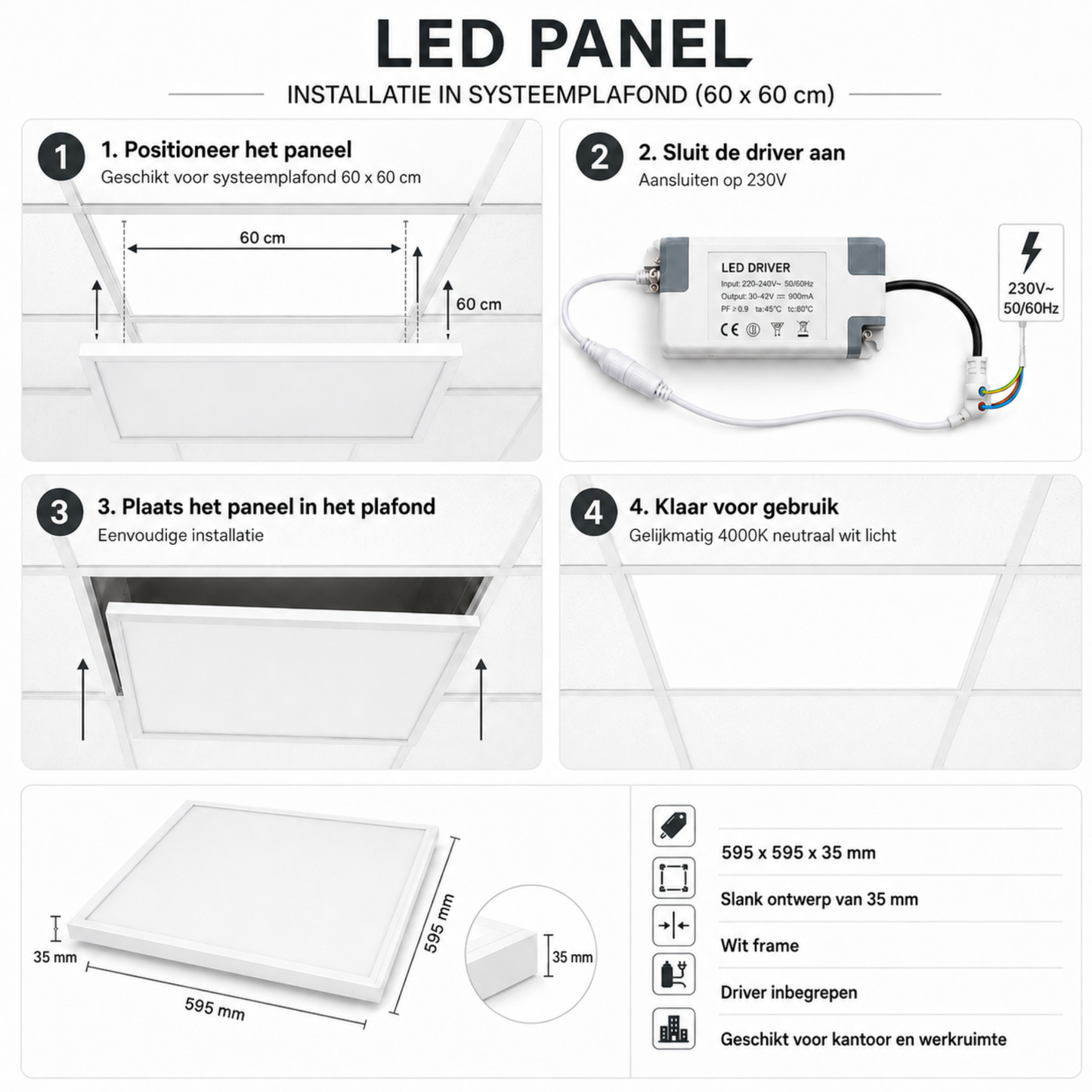 Evura LED Paneel - 60 x 60 cm - 4000K - 36W - Wit Frame - Evura Goods