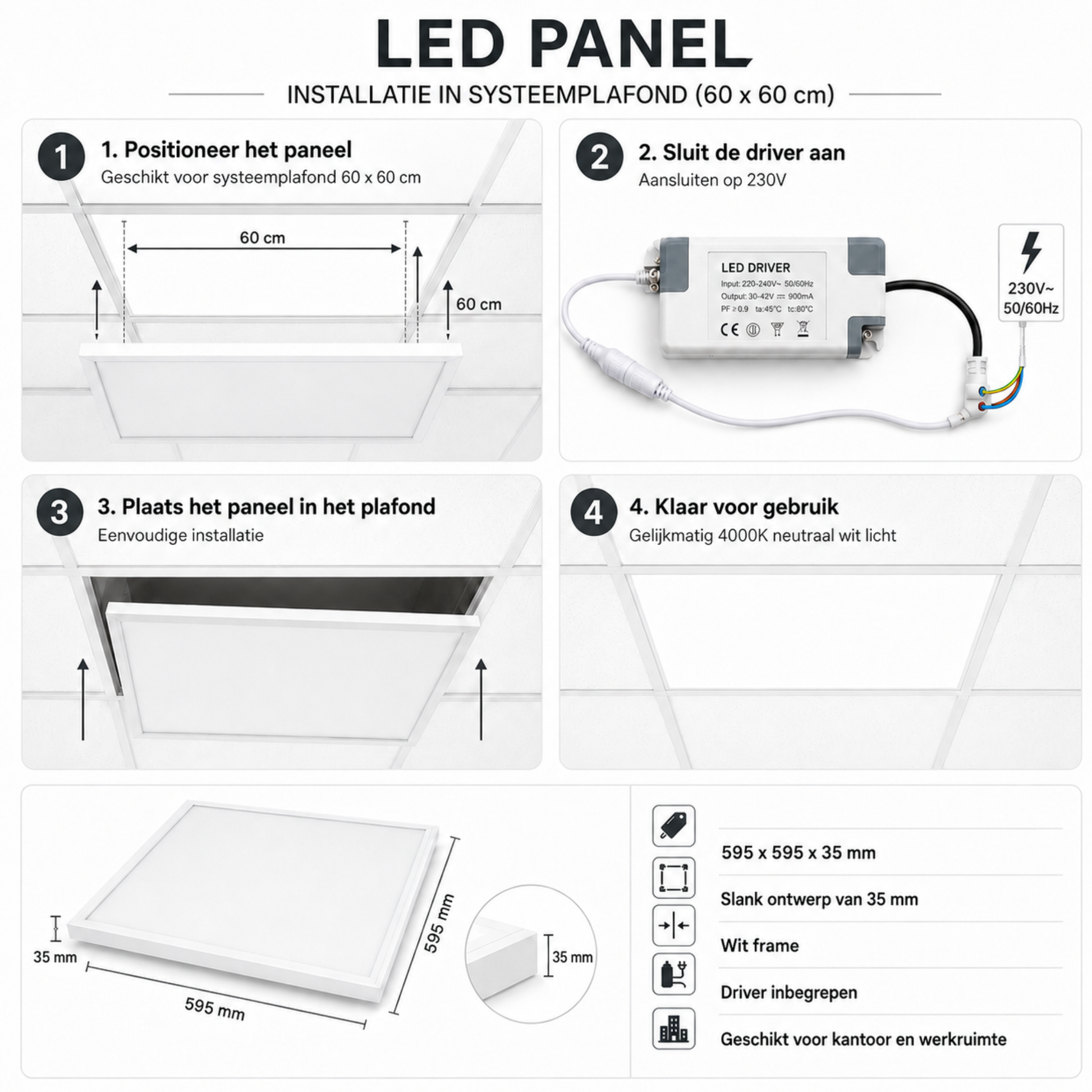 Evura LED Paneel - 60 x 60 cm - 4000K - 36W - Wit Frame - Evura Goods