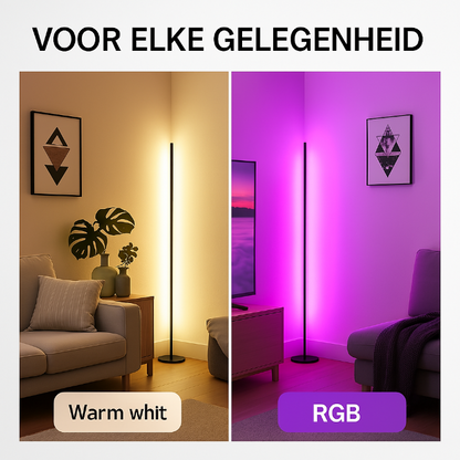 Sfeervolle LED Hoeklamp in woonkamer met warm wit licht en RGB kleuren