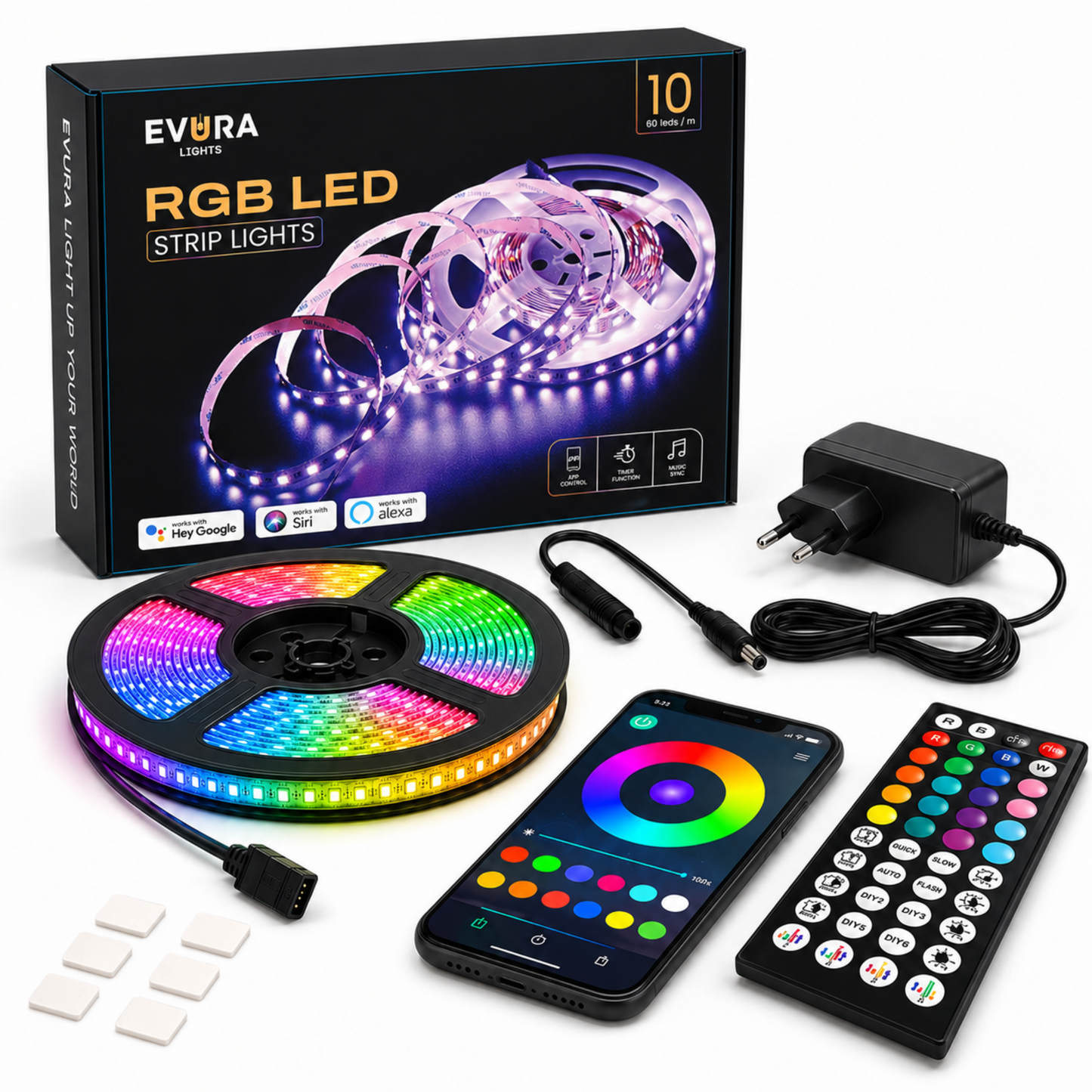 Evura LED Strip 10M 60 LEDS p/m - WIFI– Slimme RGB Verlichting met App, Timer & Muziekmodus - Evura Goods