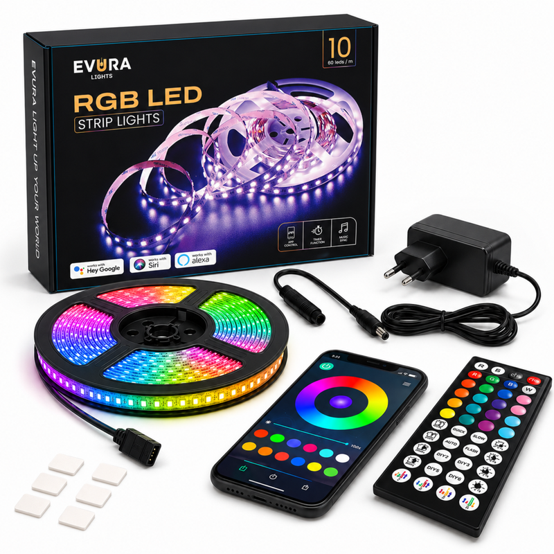 Evura LED Strip 10M 60 LEDS p/m - WIFI– Slimme RGB Verlichting met App, Timer & Muziekmodus