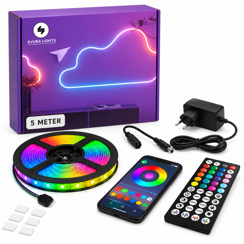 Evura LED Strip 5M – RGB Verlichting met App, Timerfunctie & Dimbaar
