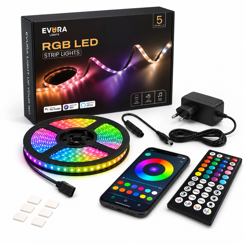 Evura LED Strip 5M 60 LEDS p/m - WIFI– Slimme RGB Verlichting met App, Timer & Muziekmodus