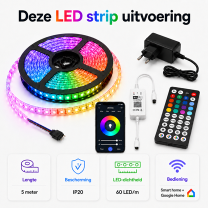 Evura LED Strip 5M 60 LEDS p/m - WIFI– Slimme RGB Verlichting met App, Timer & Muziekmodus - Evura Goods