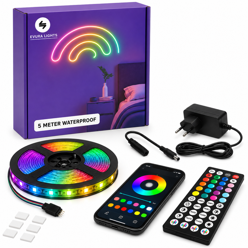 Evura LED Strip 5M Waterproof IP67 – RGB Verlichting met App & Timer