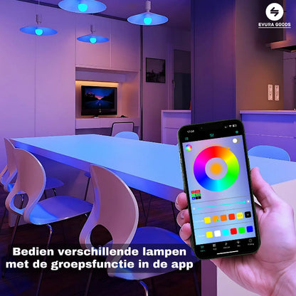 Slimme E27 LED-lamp van EvuraGoods toont diverse RGB-kleuren en warm wit licht, dimbaar via WiFi met app- of spraakbediening
