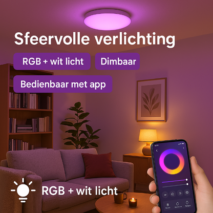Slimme plafondlamp gemonteerd, bedienbaar via app, dimbaar RGB en wit licht