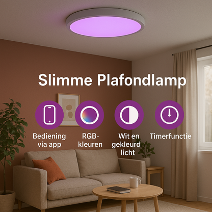 Slimme plafondlamp die volledig te bedienen is met app op je smartphone. Mogelijk met dimbaar, RGB en warm wit licht en timerfunctie