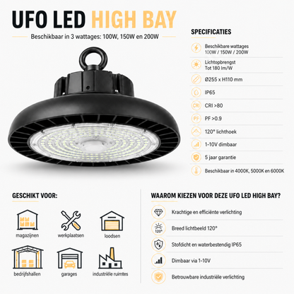 Evura UFO LED High Bay - 200W - 6000K - IP65 - Dimbaar - 36000 lumen - Evura Goods
