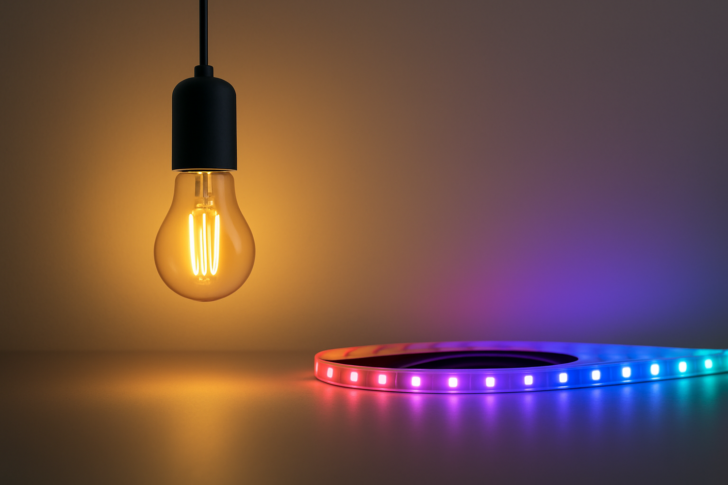 Evura LED lamp en RGB LED strip als sfeerverlichting voor binnen – warm wit licht gecombineerd met kleurrijke accentverlichting.
