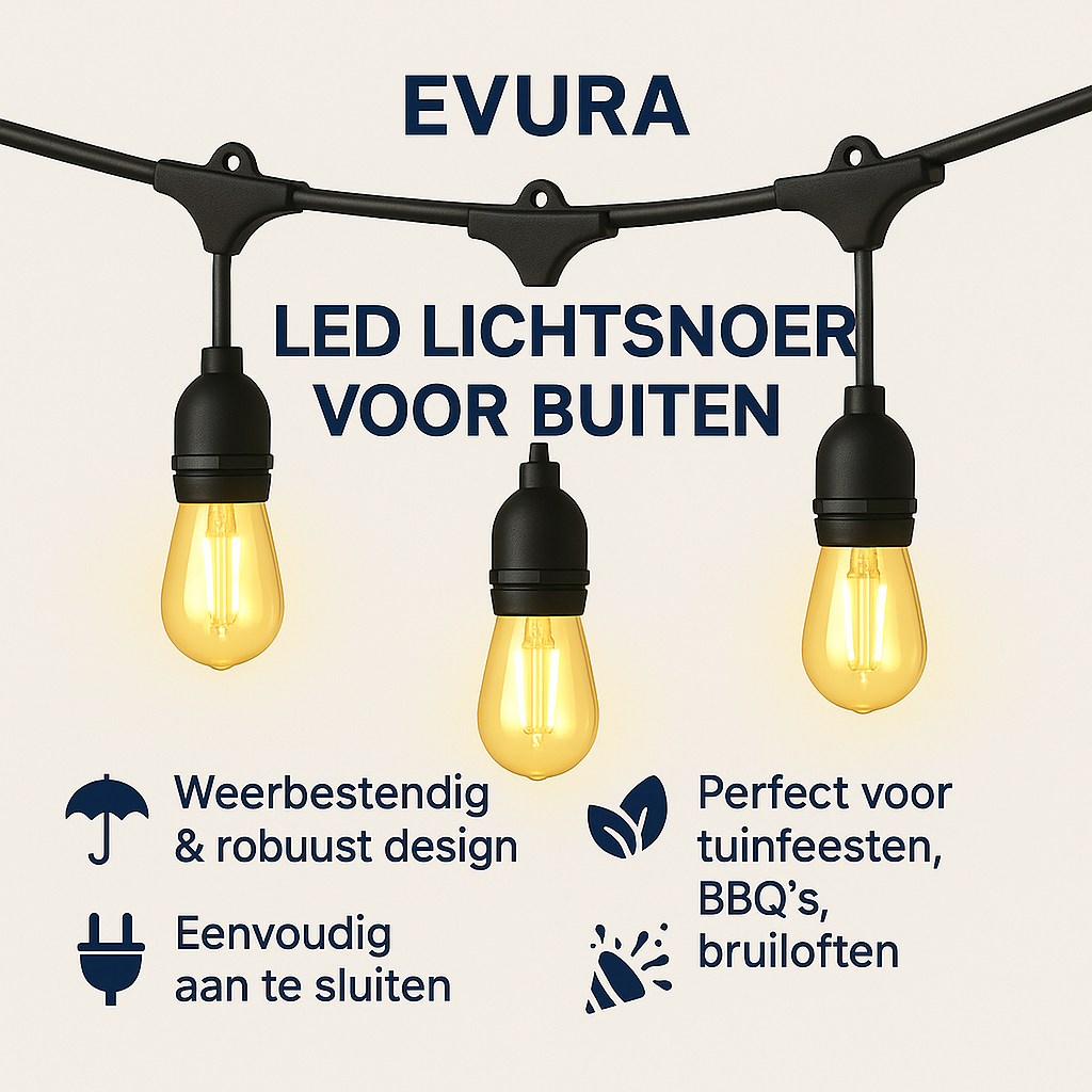 Evura LED lichtsnoer voor buiten met warm wit licht – weersbestendig en robuust design, eenvoudig aan te sluiten en ideaal voor tuinfeesten, BBQ’s en bruiloften.
