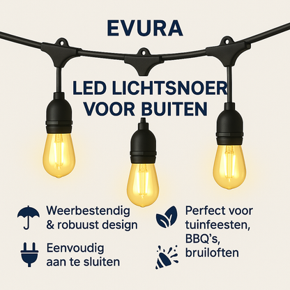 Evura LED lichtsnoer voor buiten met warm wit licht – weersbestendig en robuust design, eenvoudig aan te sluiten en ideaal voor tuinfeesten, BBQ’s en bruiloften.
