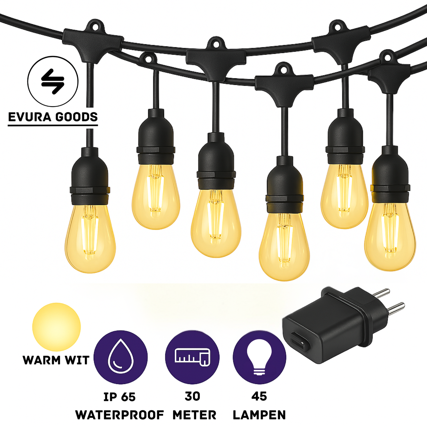Evura lichtsnoer buiten van 30 meter met 45 warm witte LED lampen. Waterdicht IP65 design voor sfeervolle tuinverlichting, terras en veranda.
