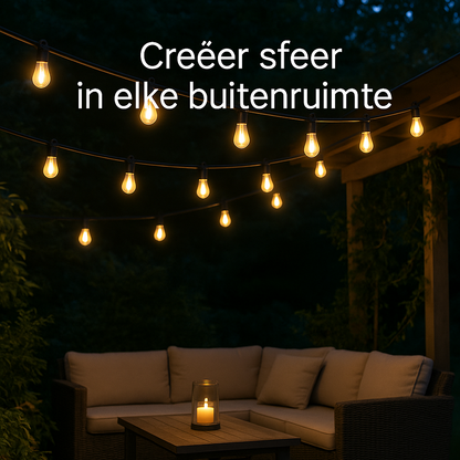Evura lichtsnoer buiten met warm wit licht – creëer direct sfeer in elke tuin of buitenruimte voor avonden vol gezelligheid.
