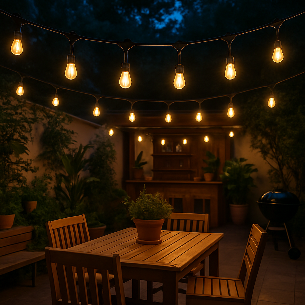 Evura lichtsnoer buiten met warm wit licht als sfeerverlichting op terras in de avond – ideaal voor tuinfeesten, diners en gezellige avonden.
