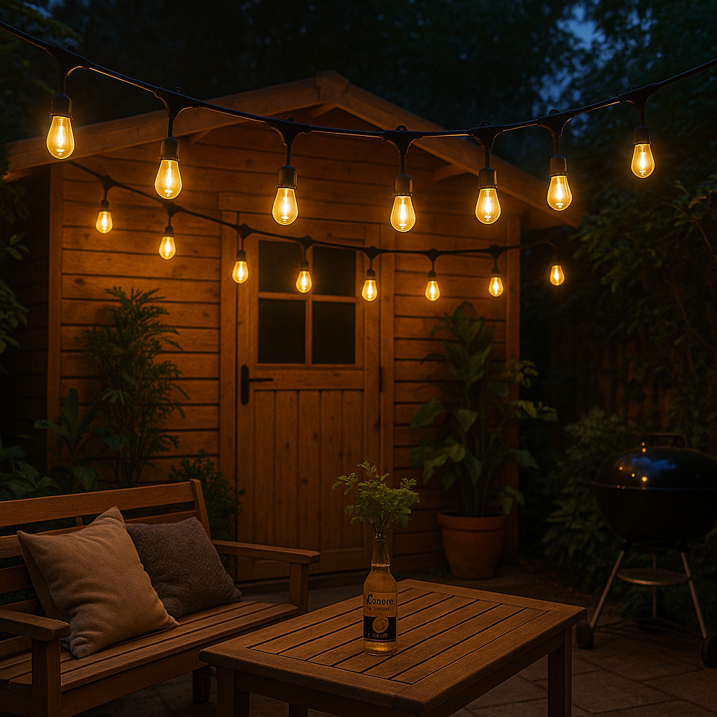 Evura lichtsnoer buiten met warm wit licht als sfeerverlichting rond blokhut in tuin – ideaal voor zomeravonden, BBQ’s en tuinfeesten.
