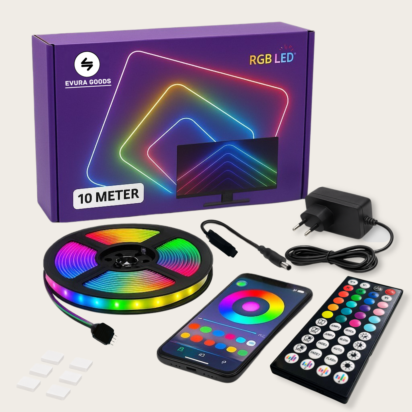 Evura RGB LED strip van 10 meter met smart bediening via afstandsbediening en app, inclusief adapter en bevestigingsmateriaal.
