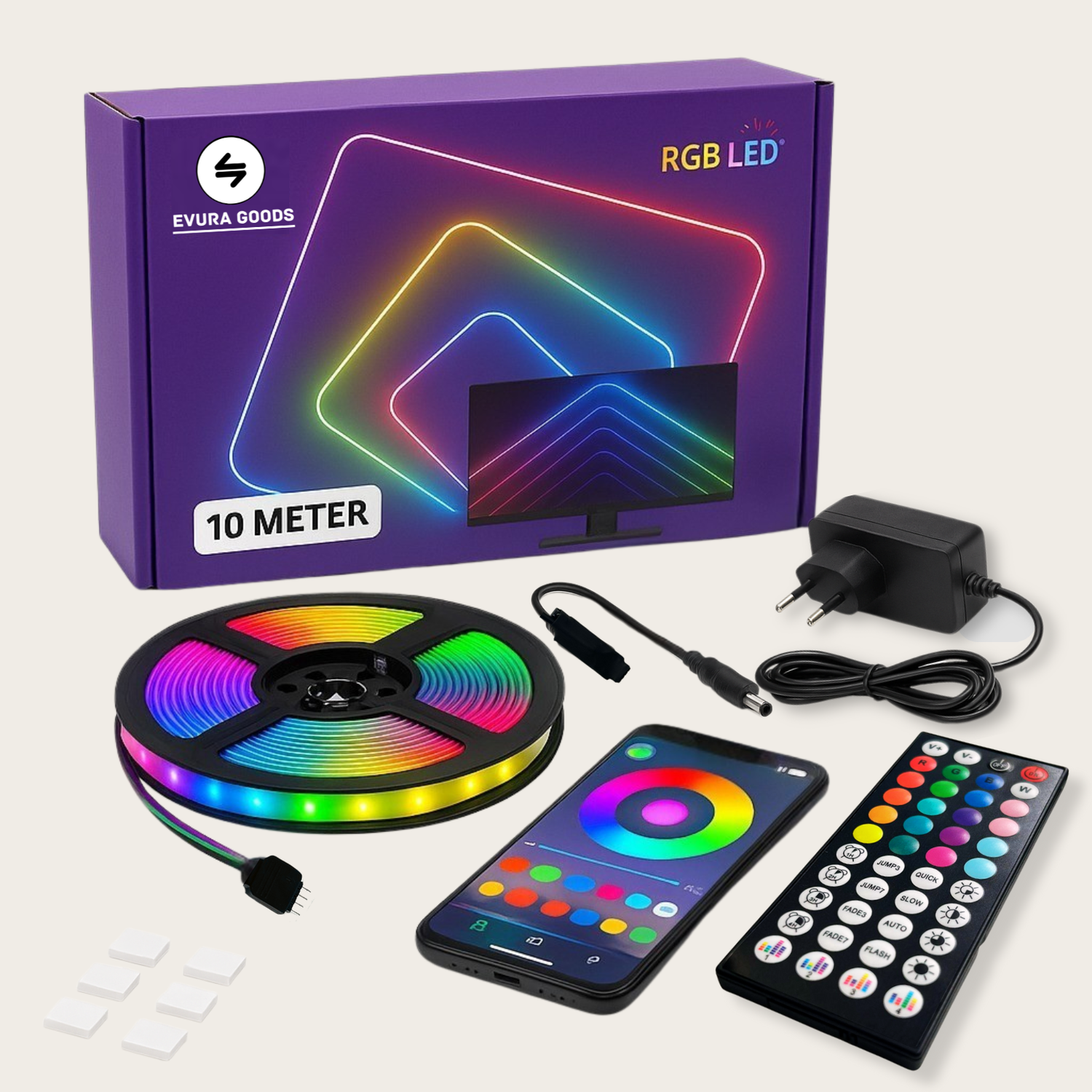 Evura RGB LED strip van 10 meter met smart bediening via afstandsbediening en app, inclusief adapter en bevestigingsmateriaal.
