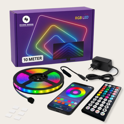 Evura RGB LED strip van 10 meter met smart bediening via afstandsbediening en app, inclusief adapter en bevestigingsmateriaal.
