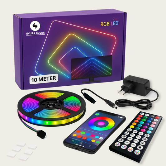 Evura RGB LED strip van 10 meter met smart bediening via afstandsbediening en app, inclusief adapter en bevestigingsmateriaal.
