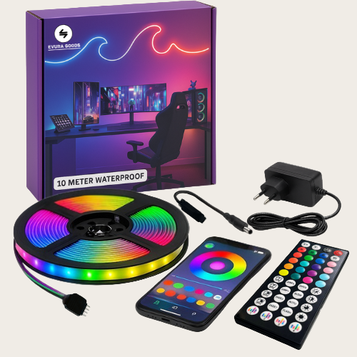 Evura RGB LED strip 10 meter waterdicht – slimme verlichting met afstandsbediening en app, perfect voor gaming setup of sfeervolle kamerinrichting.
