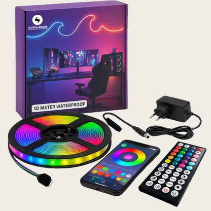 Evura RGB LED strip 10 meter waterdicht – slimme verlichting met afstandsbediening en app, perfect voor gaming setup of sfeervolle kamerinrichting.

