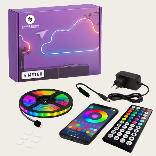 Evura RGB LED strip 5 meter – slimme verlichting met afstandsbediening en app bediening, perfect voor woonkamer of decoratieve wandverlichting.
