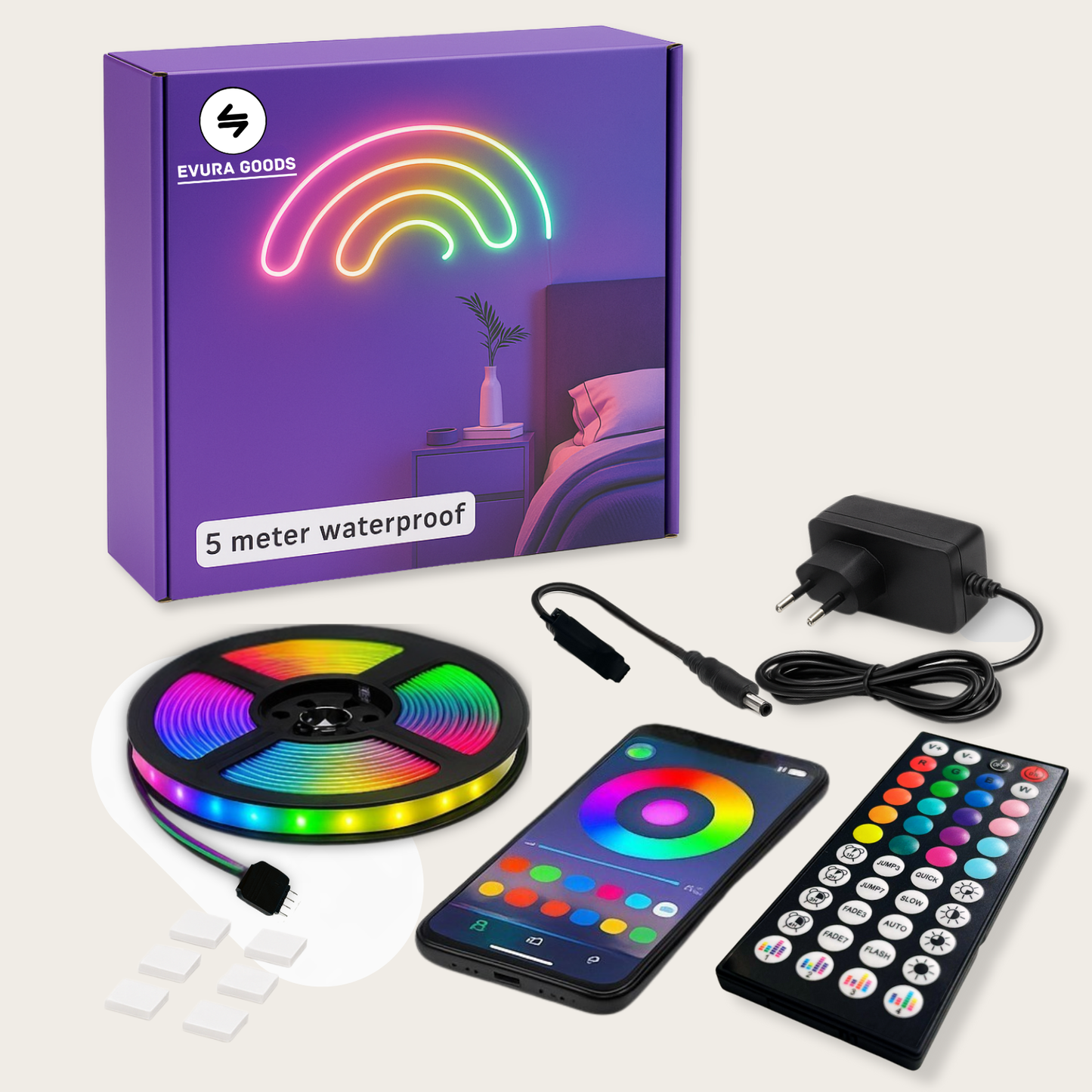 Evura RGB LED strip van 5 meter, waterproof, met slimme bediening via app en afstandsbediening, inclusief adapter en montagemateriaal.
