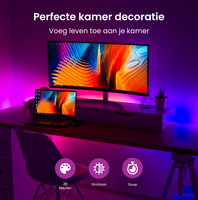 Evura RGB LED strip als perfecte kamer decoratie bij een moderne gaming setup. Dimbaar, met 20 kleuren en timerfunctie voor elke sfeer.
