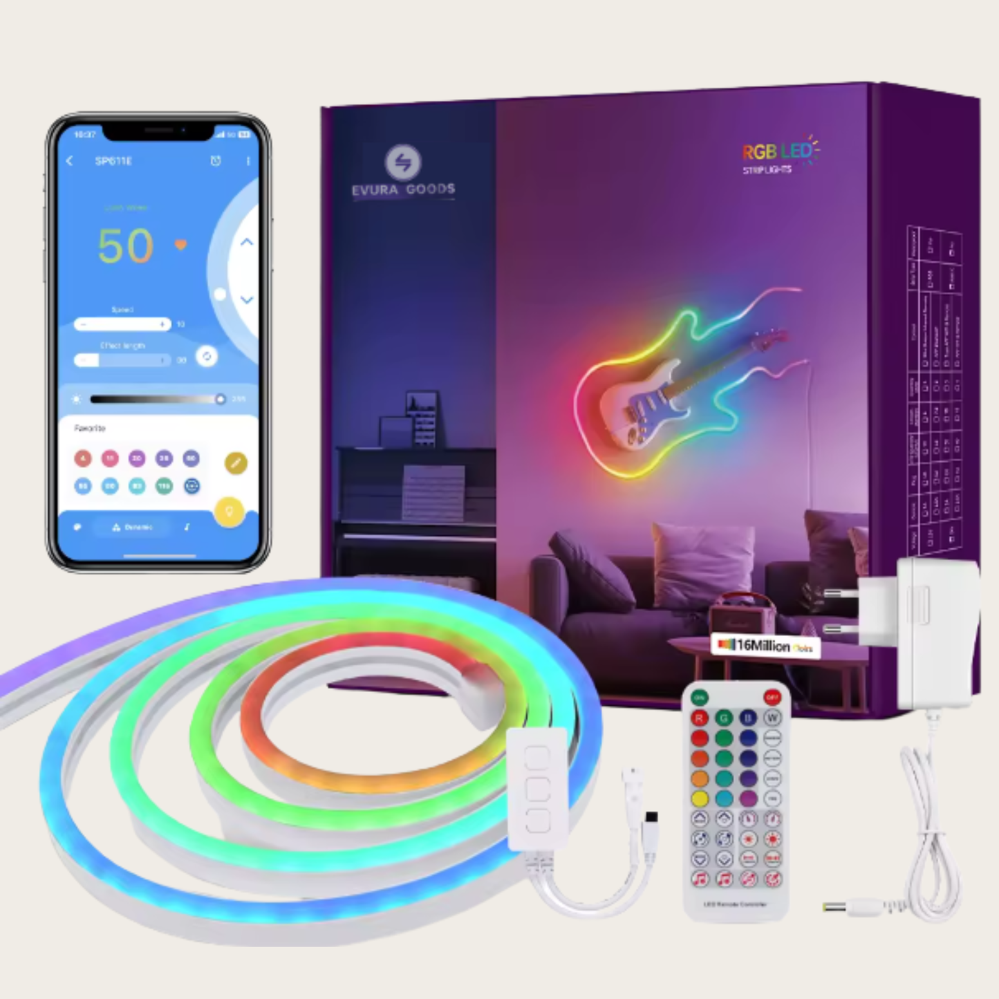 Evura RGB LED-stripset met slimme appbediening, afstandsbediening en stroomadapter, geschikt voor sfeervolle verlichting in de woonkamer
