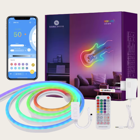 Evura RGB LED-stripset met slimme appbediening, afstandsbediening en stroomadapter, geschikt voor sfeervolle verlichting in de woonkamer
