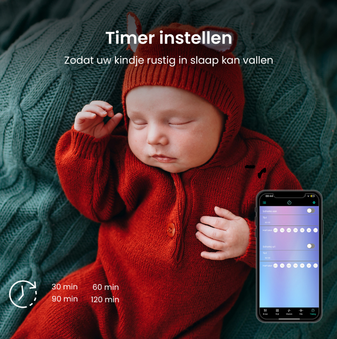 Evura slimme LED-verlichting met timerfunctie voor een rustige slaapomgeving. Ideaal als nachtlampje in de babykamer.
