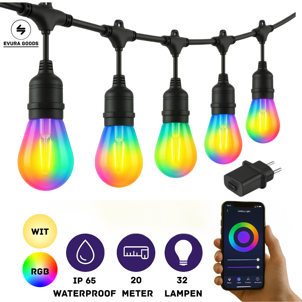 Evura RGB lichtsnoer buiten van 20 meter met 32 LED lampen – smart verlichting met app bediening en IP65 waterdicht design.
