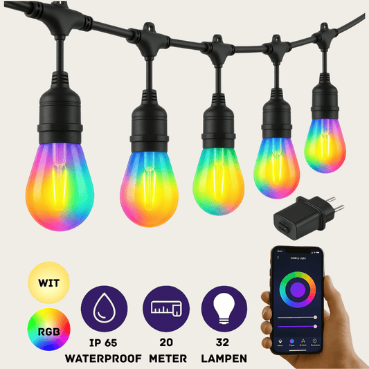 Evura RGB lichtsnoer buiten van 20 meter met 32 LED lampen – smart verlichting met app bediening en IP65 waterdicht design.