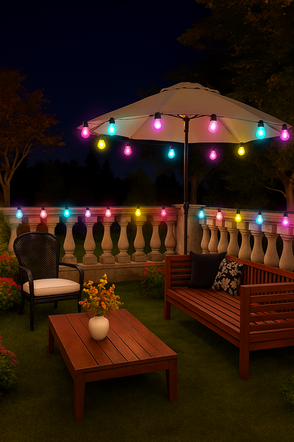 Evura RGB lichtsnoer buiten als sfeerverlichting in een tuin – multicolor lampen creëren warme ambiance voor zomeravonden en feestjes.
