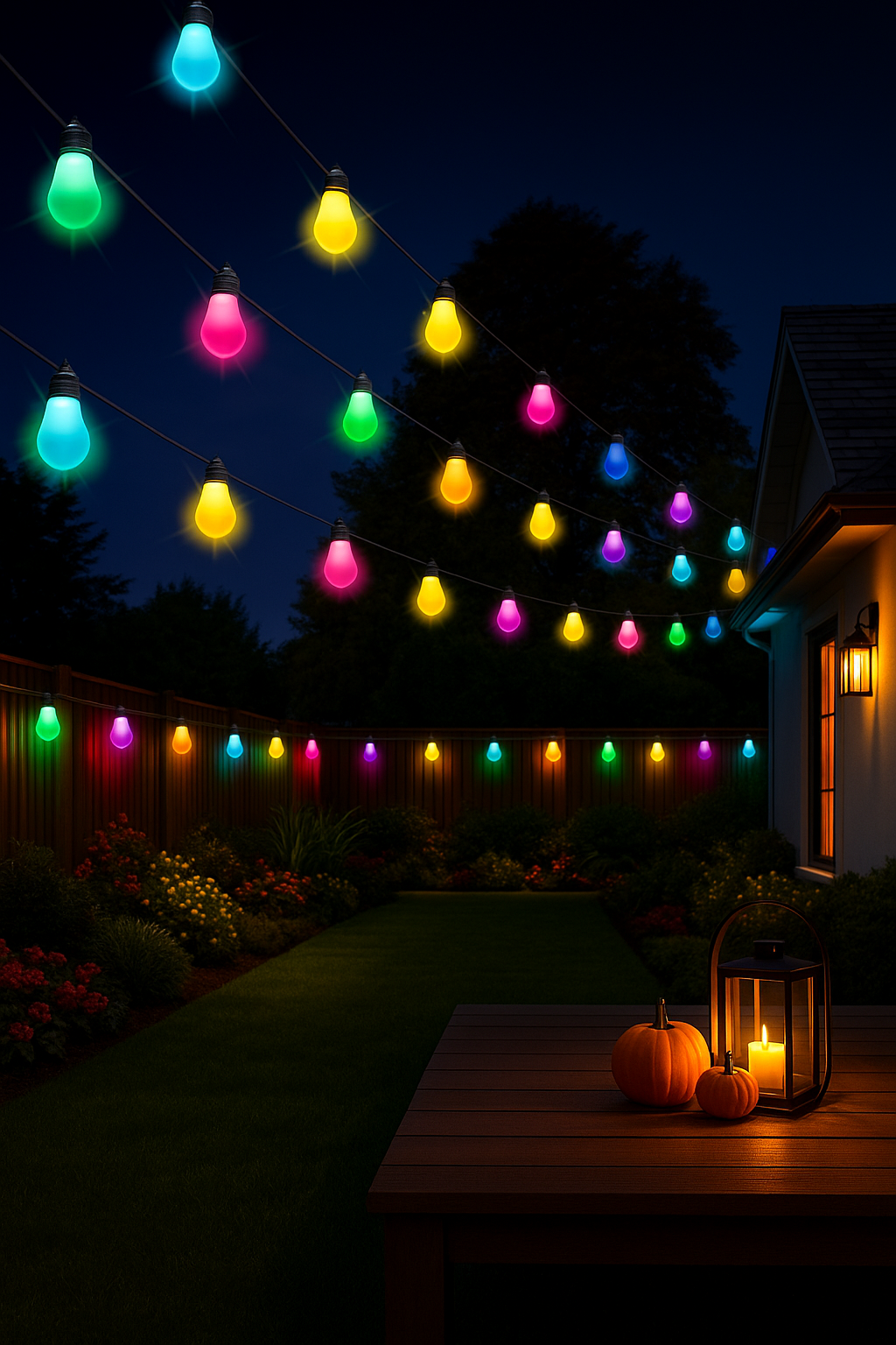Evura RGB lichtsnoer buiten als sfeerverlichting in een tuin – multicolor lampen creëren warme ambiance voor zomeravonden en feestjes.
